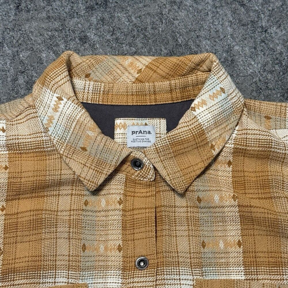 Prana Flannel Shirt Mens Small S Brown Plaid Aztec Western Snap Button Geometric